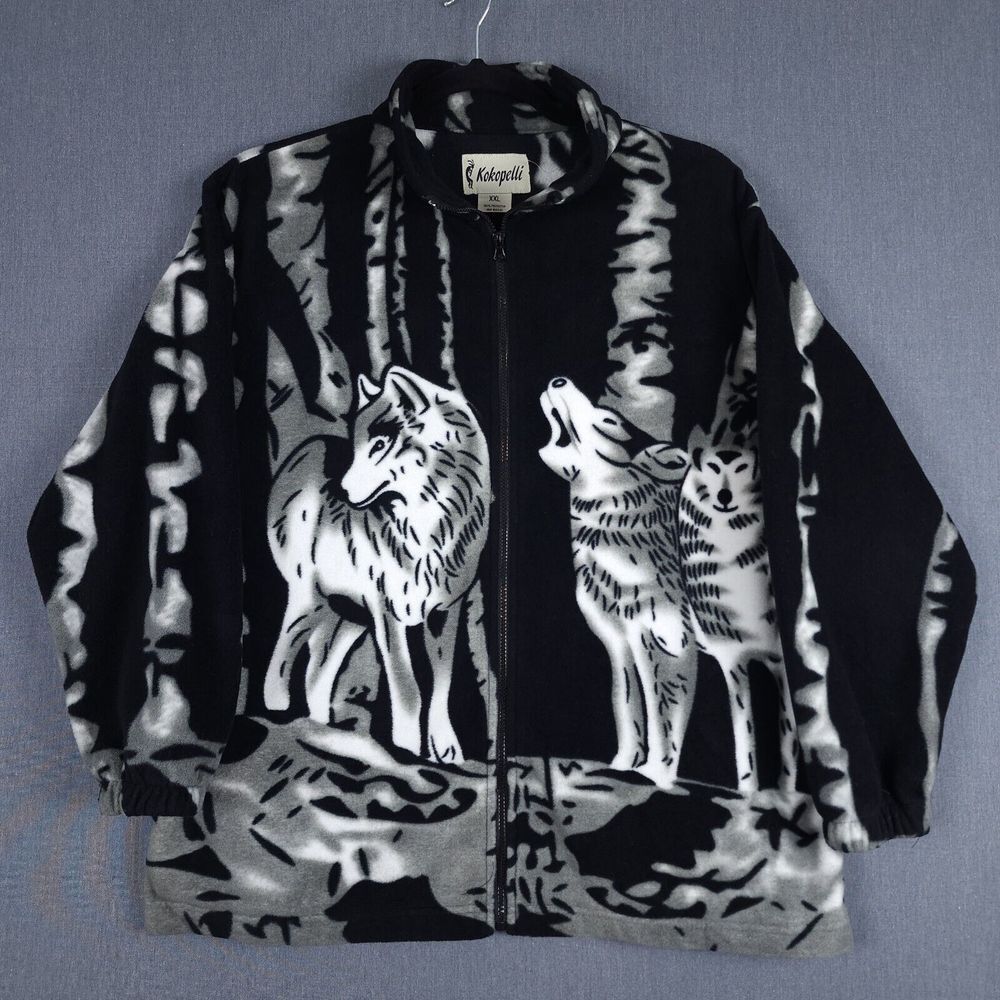 Kokopelli‎ Fleece Jacket Womens 2XL Wolf AOP Southwestern Full Zip XXL